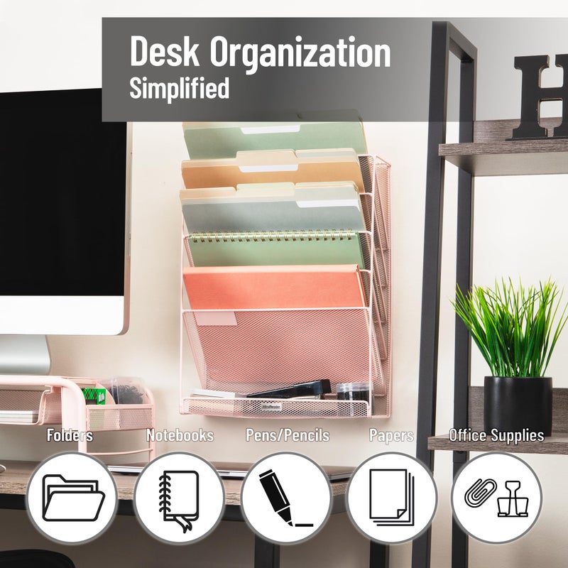 Mind Reader 5-Pocket Vertical File Storage, Desktop Organizer, Wall Mount, Office, Metal Mesh, Pink - Image 2